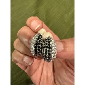 Vintage Swarovski Clip On Earrings Black Crystal Silver Tone Oval Sparkle